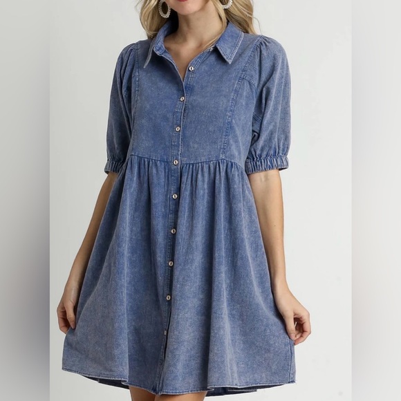 Umgee Dresses & Skirts - Umgee Mineral Wash Blue Denim Ruffle Puffed Sleeve Babydoll Dress - S